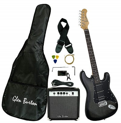 Glen Burton GE101BCO-BKB Electric Guitar Stratocaster-Style Combo with Accessories and Amplifier