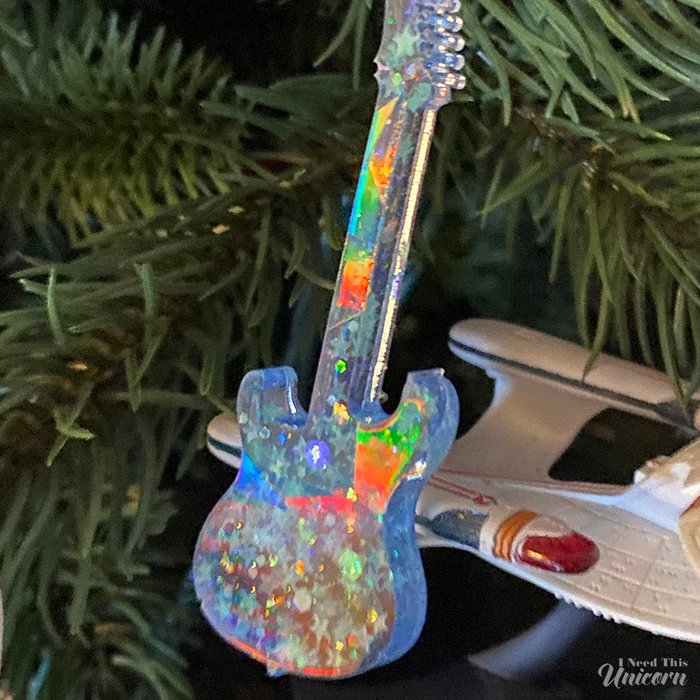 Holographic Guitar with Glow-in-the-Dark Star Glitters Ornament- Blue Violet