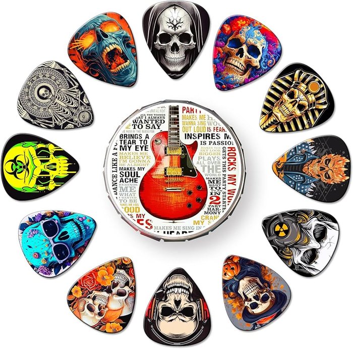 24 Pack Guitar Picks,Guitar Pick Variety Pack 0.46 0.71 0.96 1.20mm Thin,Medium,Heavy Picks,Guitar Pics Skull Design,Guitar Picks for Acoustic Guitar ...