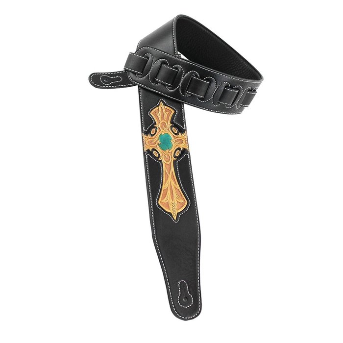 Walker & Williams CVG-22 Christian Black Leather Guitar Strap Carved Gold Cross