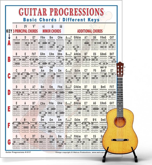 Mini Guitar Chord Chart Poster - Laminated Guitar Progressions Chord Poster for Beginners and Musicians - Guitar Chord Trainer - Acoustic Guitar ...