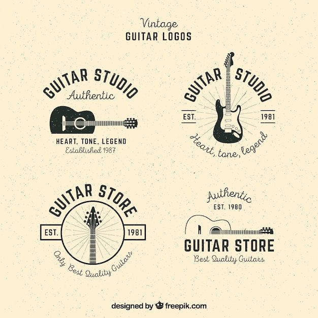 Pack of guitar logos in vintage style | Free Vector