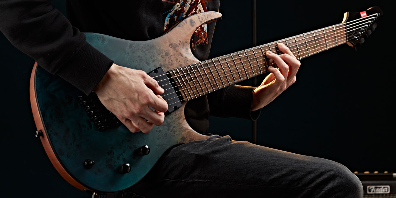 An example of a fanned fret guitar showcasing the angled frets.