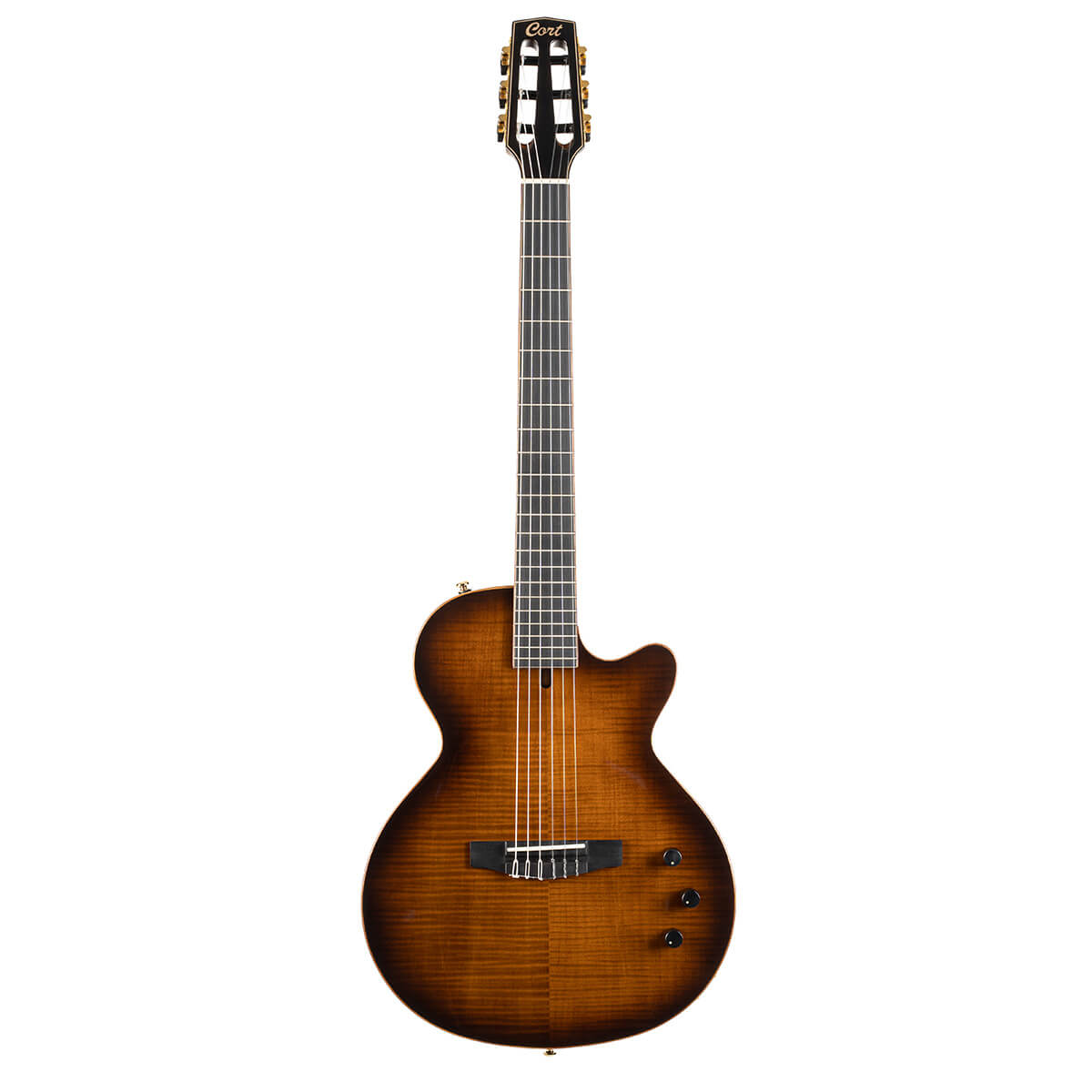 Front view of the Cort Sunset Nylectric DLX showcasing its design and components.