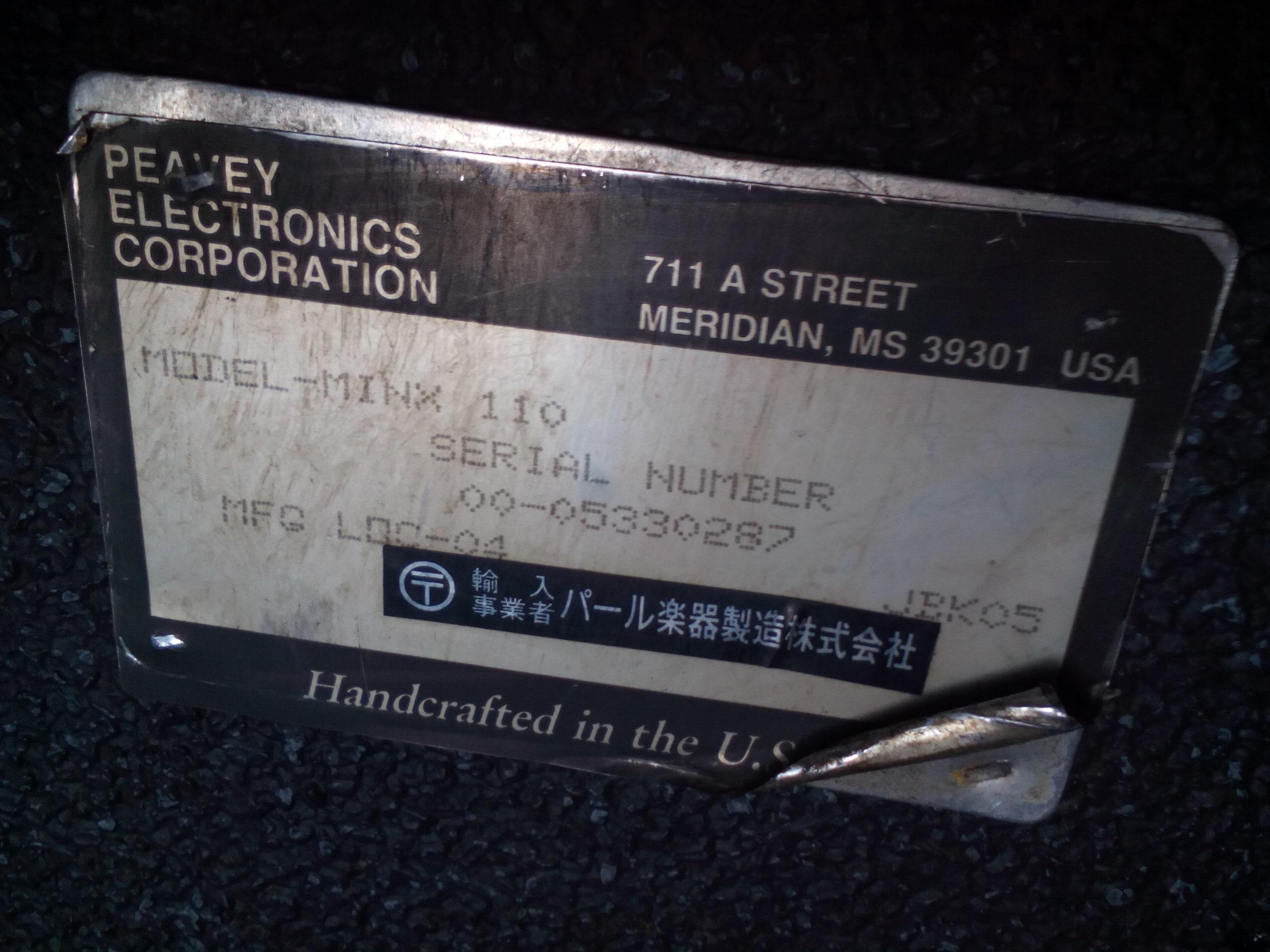 Question] How to determine Peavey Minx 110 Bass amplifier's ... — likely a clear photo of a Peavey Minx 110 amp (including model/serial area), matching model-specific serial/format notes.