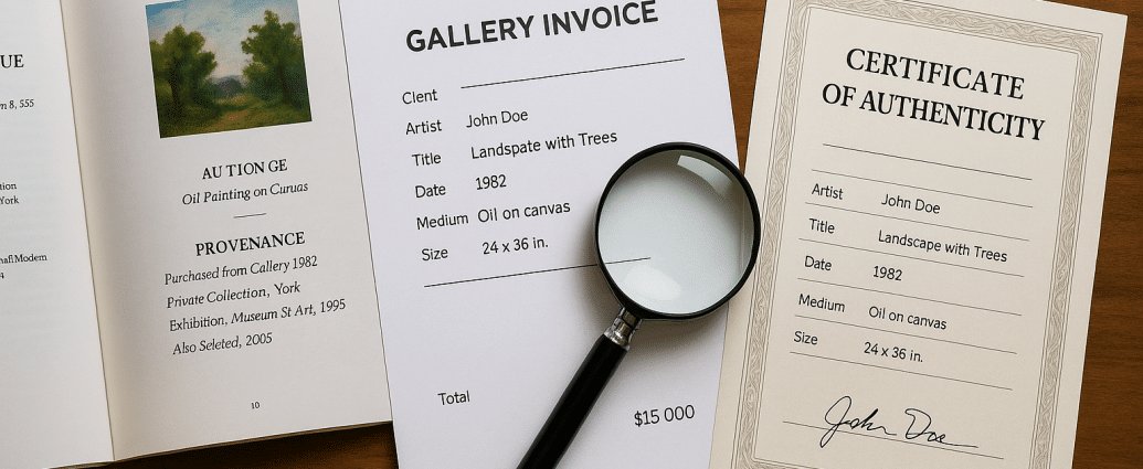 How to Read Provenance Documents Like a Pro - Artraiders: flat-lay of provenance documents (auction catalogue, gallery invoice, certificate of authenticity) with a magnifying glass — visually represents verifying manufacture date and provenance.